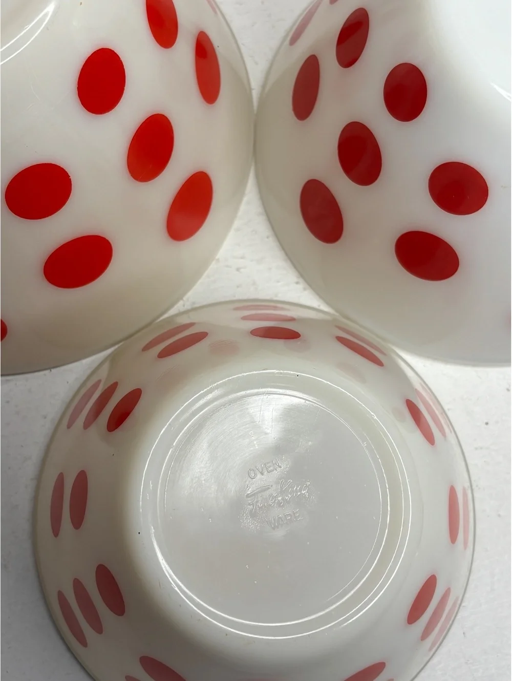 Vintage Fire King Red Polk Dot Milk Glass Oven Ware Mixing Bowl Set of 3